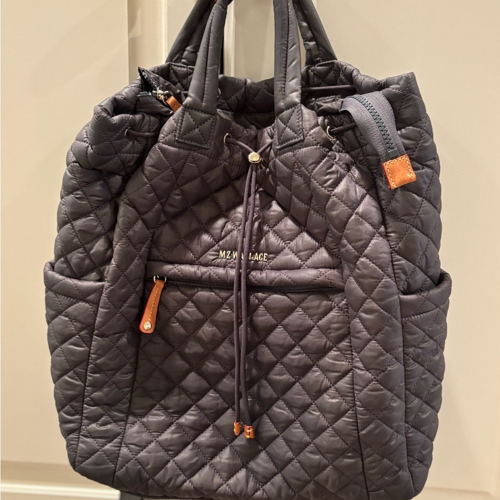 MZ Wallace Black Quilted Nylon Drawstring Backpack with Tan Leather Accents